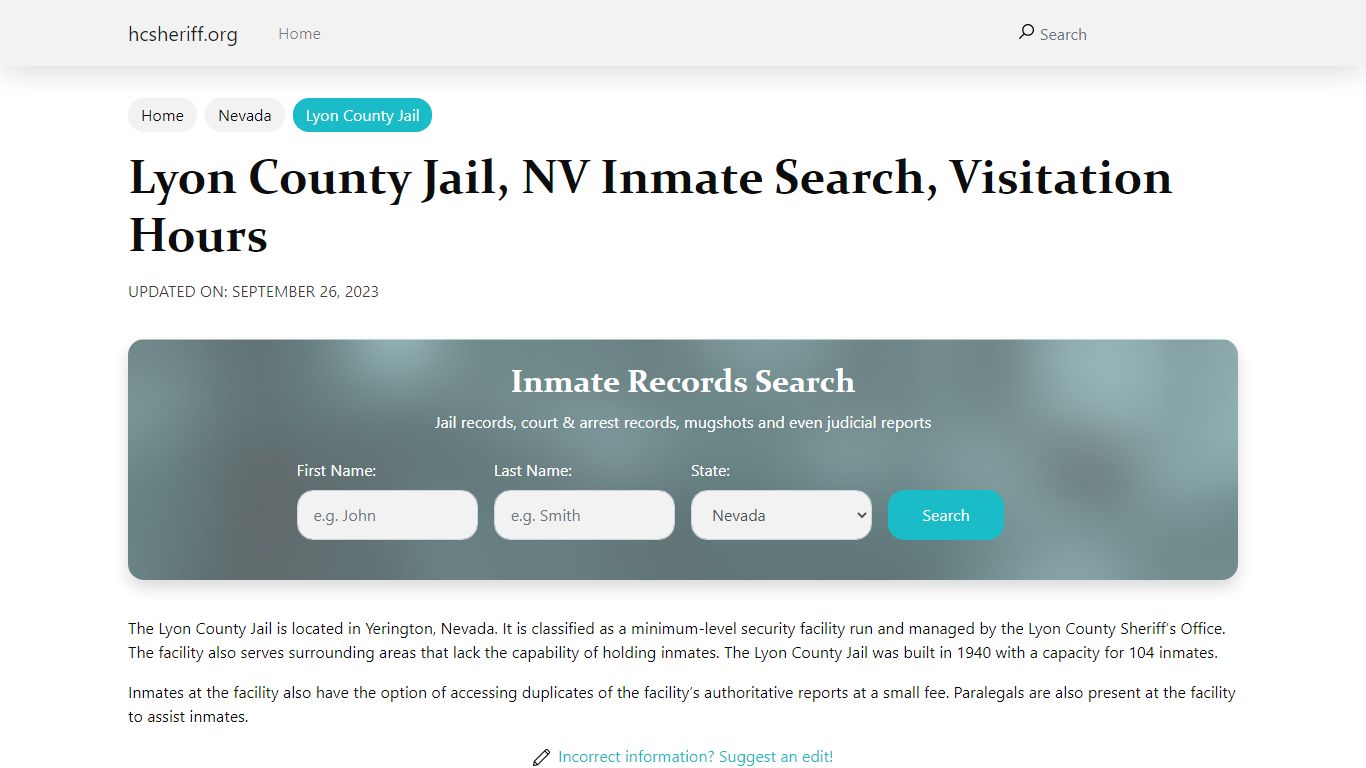 Lyon County Jail, NV Inmate Search, Visitation Hours